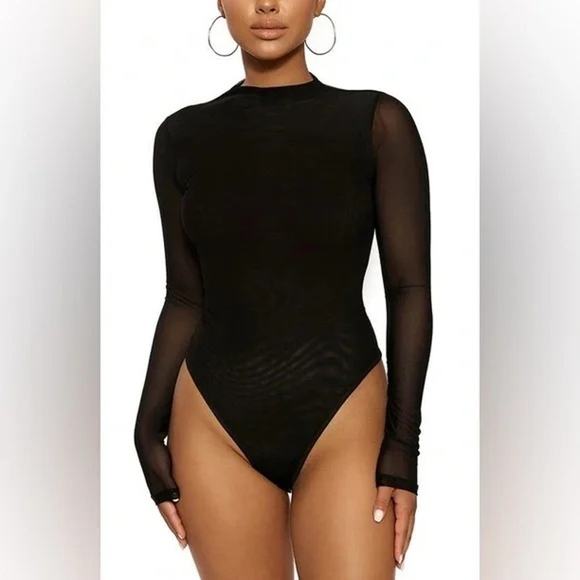naked wardrobe Tops - NAKED WARDROBE NEW $58 Mesh Black Long Sleeve Bodysuit
